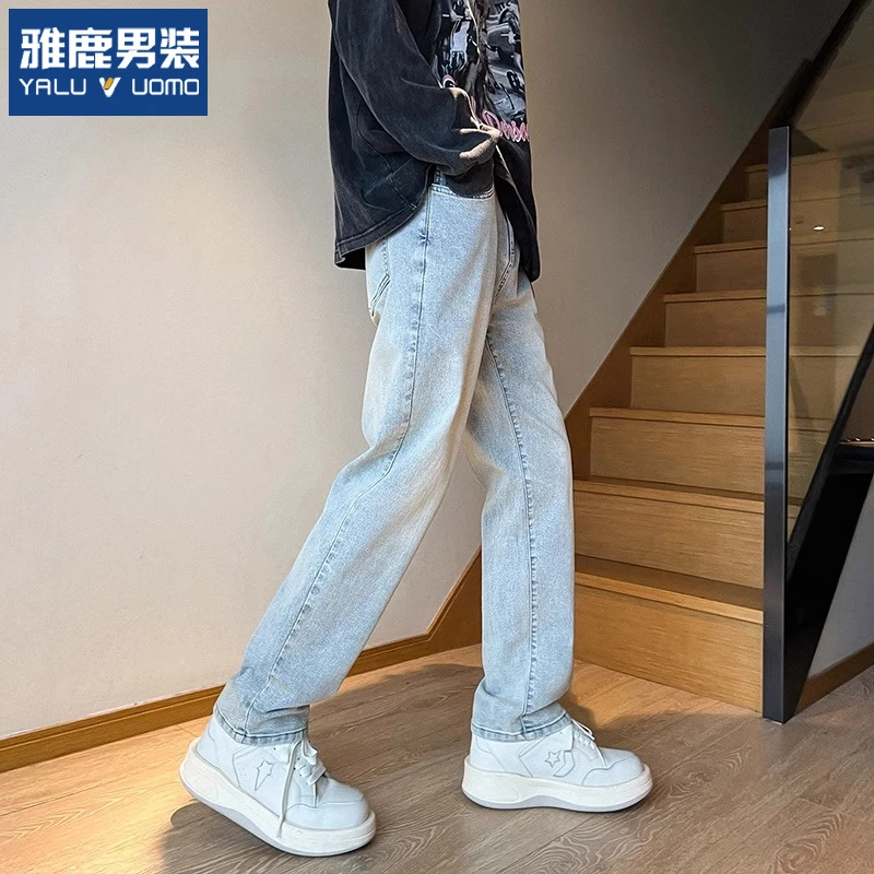 雅鹿男装美式直筒牛仔裤男夏季2025新款高街潮牌宽松浅色窄版男生