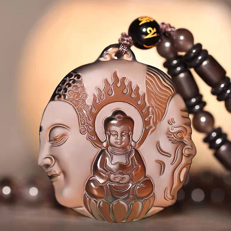 纯天然冰种黑曜石一念之间吊坠男女项链高档佛头毛衣链佛魔挂件