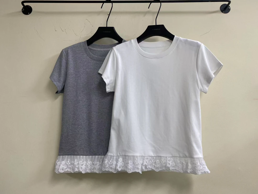 【JT定制】春夏韩版新款圆领修身显瘦甜美蕾丝花边拼接圆领短袖T恤