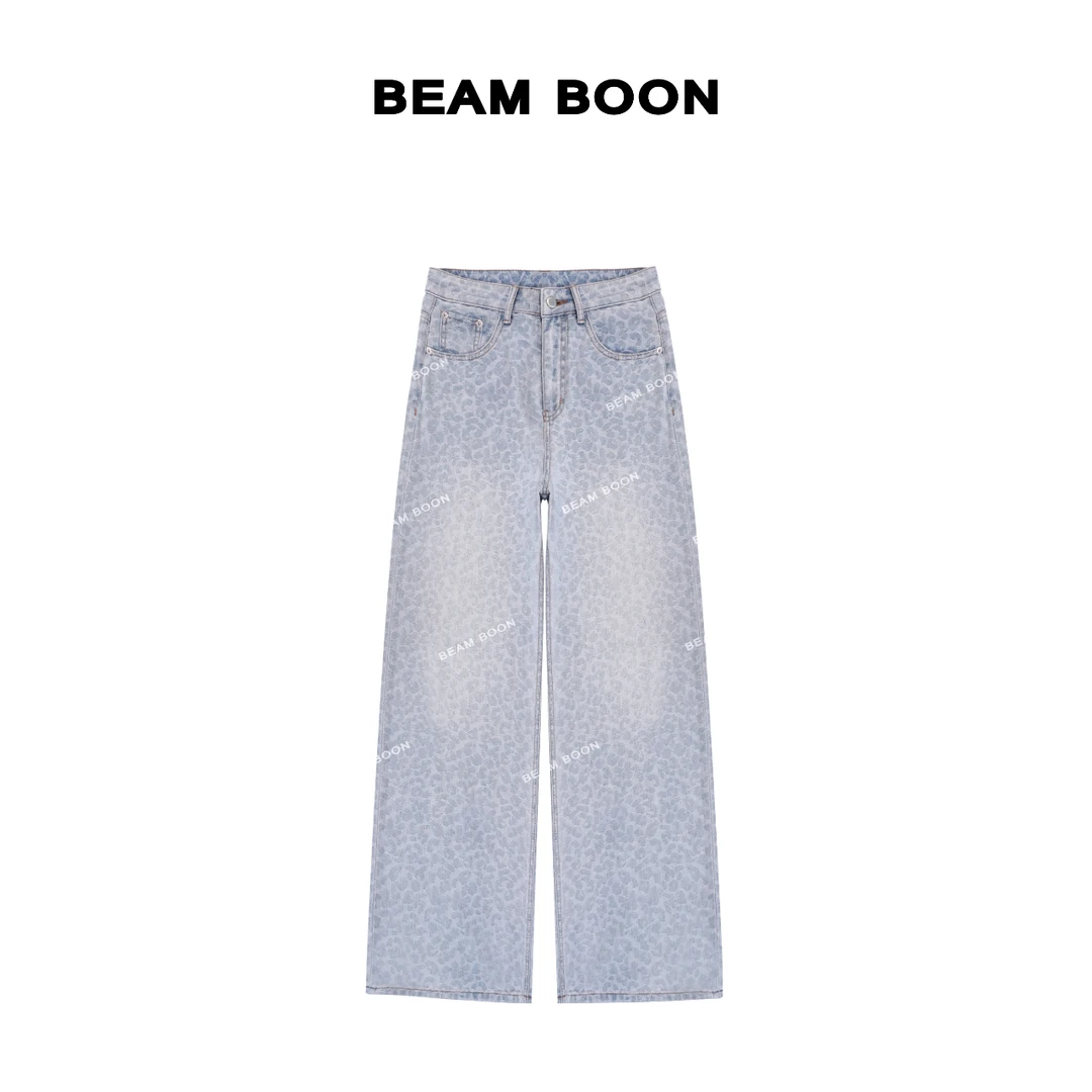 Beam Boon【滴花牛仔】同款ordes豹纹复古慵懒直筒休闲牛仔裤