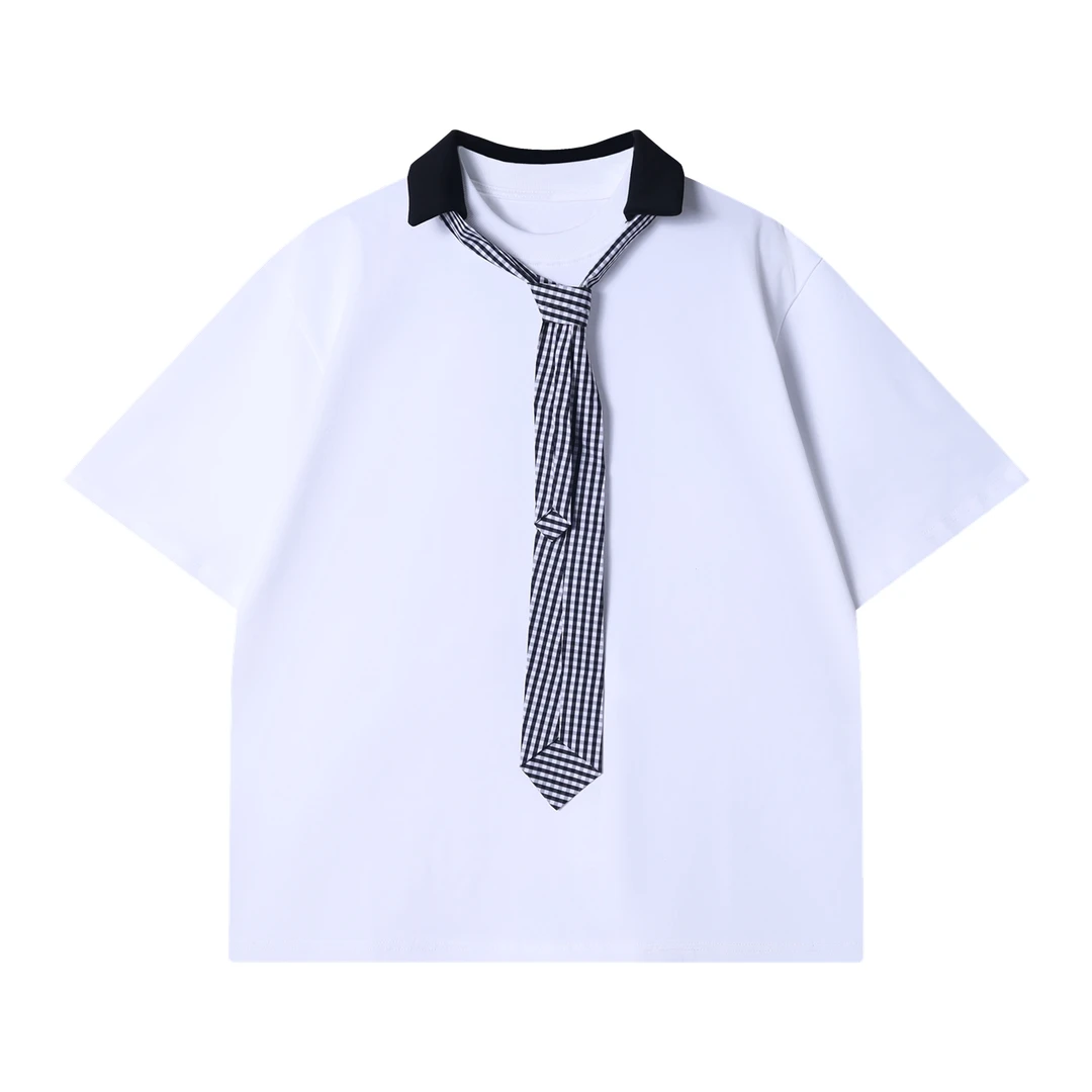 夏季高级感新款韩版撞色假两件领带圆领短袖T恤百搭宽松情侣上衣