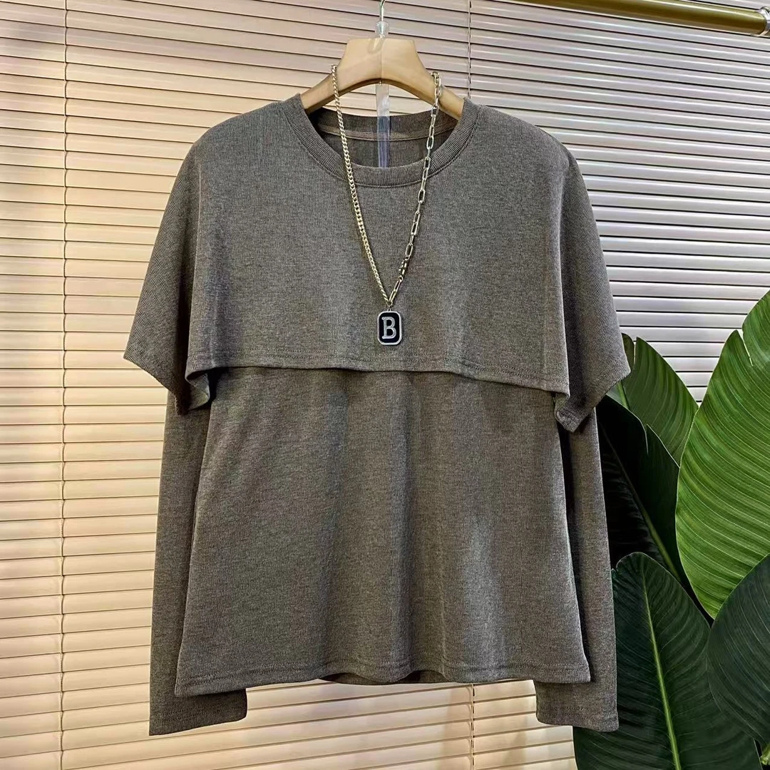 G胖mm欧货时尚新款秋季圆领简约小众设计显瘦女人衫