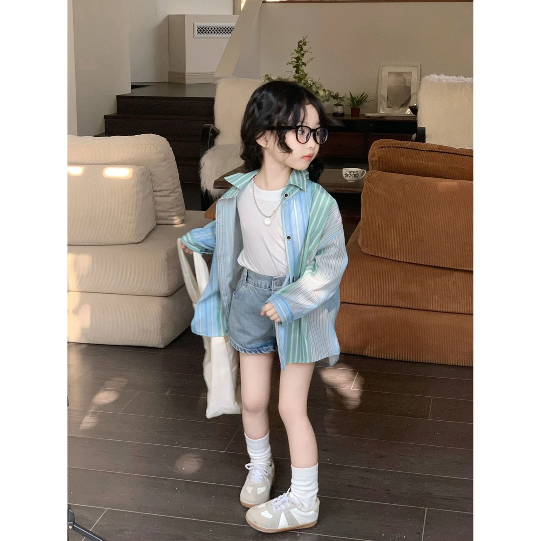 小粉象 · 春季新款韩版休闲轻薄度假条纹衬衣儿童长袖牛仔裤套装