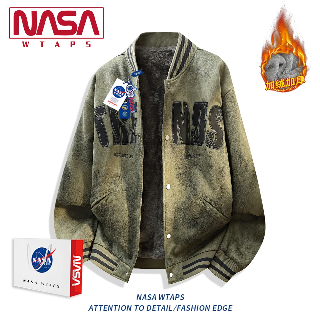 NASA WTAPS加绒加厚棒球服棉服外套男秋冬美式潮牌麂皮绒飞行夹克