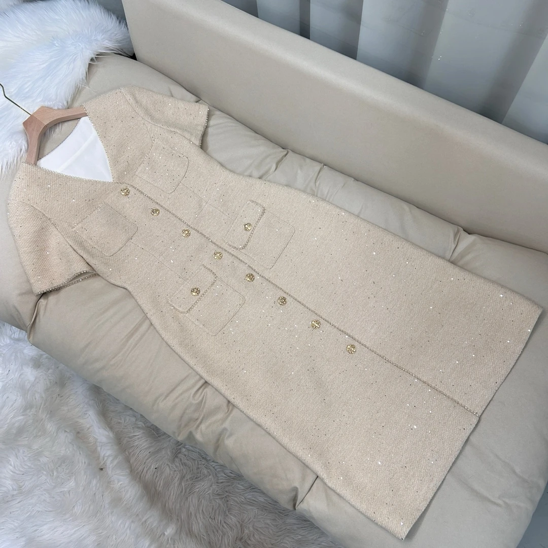 桑蚕丝 金色V领 短袖小香风连衣裙 70607