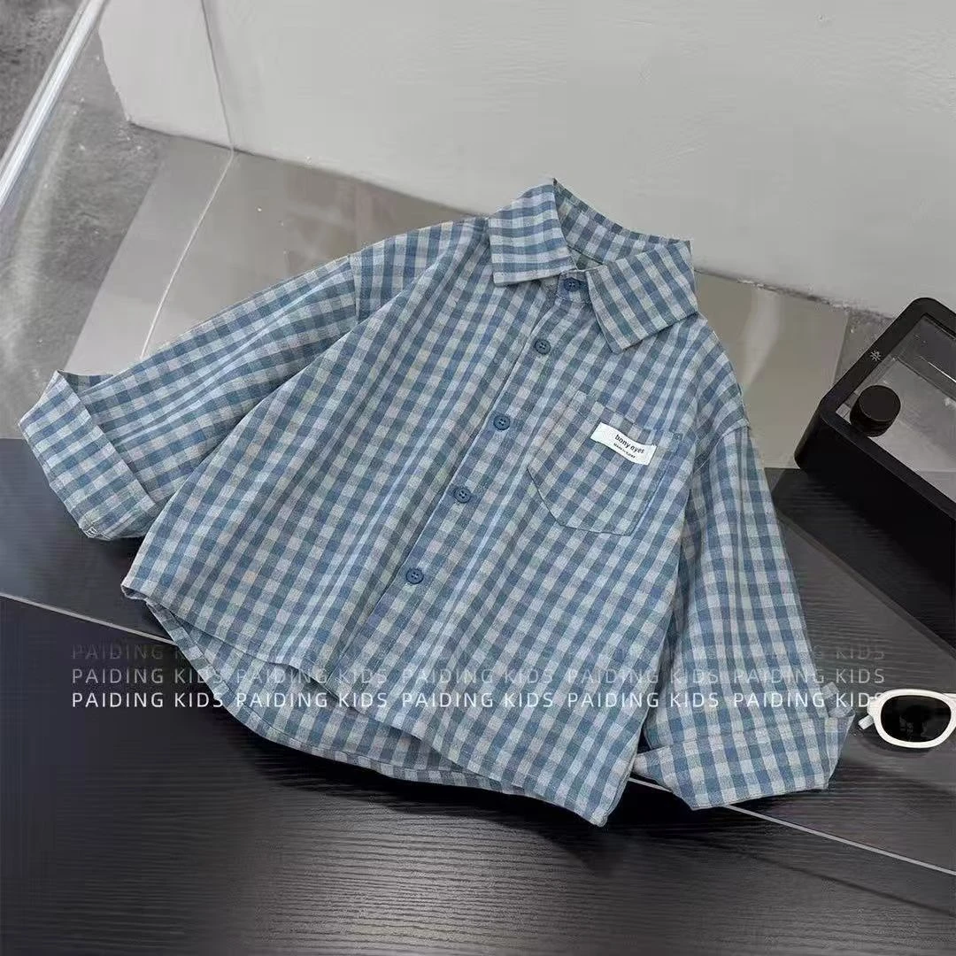 儿童纯棉衬衣翻领格子衬衫春秋韩版休闲衬衣男童复古时尚长袖上衣