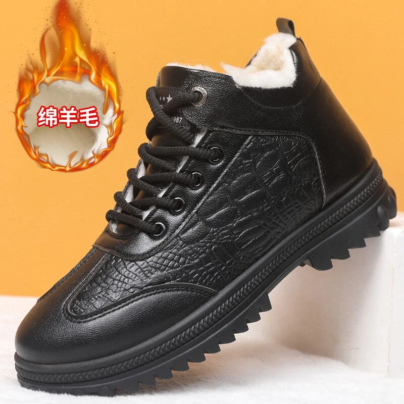 冬季加绒加厚男士软皮棉鞋休闲防滑高帮鞋保暖棉靴tt58