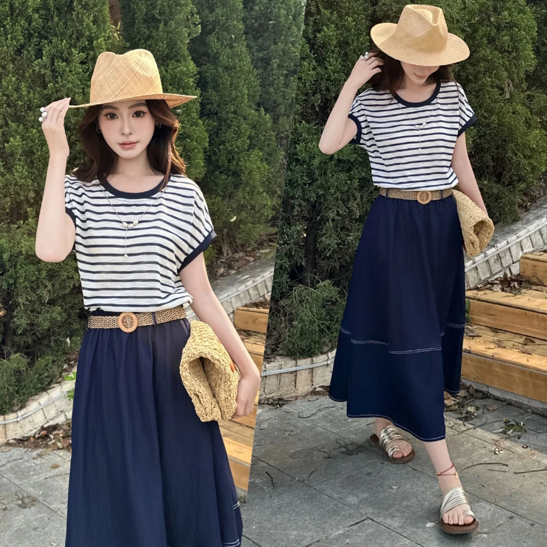 今年流行爆款短袖冰丝T恤a字半身长裙两件套装2025夏季新款连衣裙