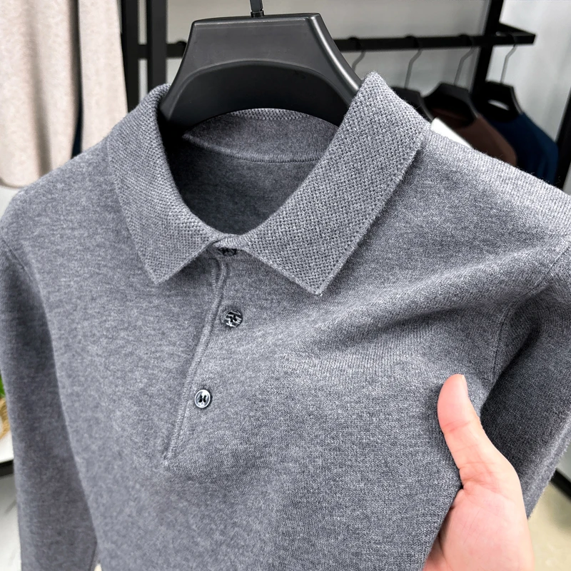 冬季加厚保暖100%纯羊毛衫男士时尚商务翻领纯色毛衣打底衫休闲男
