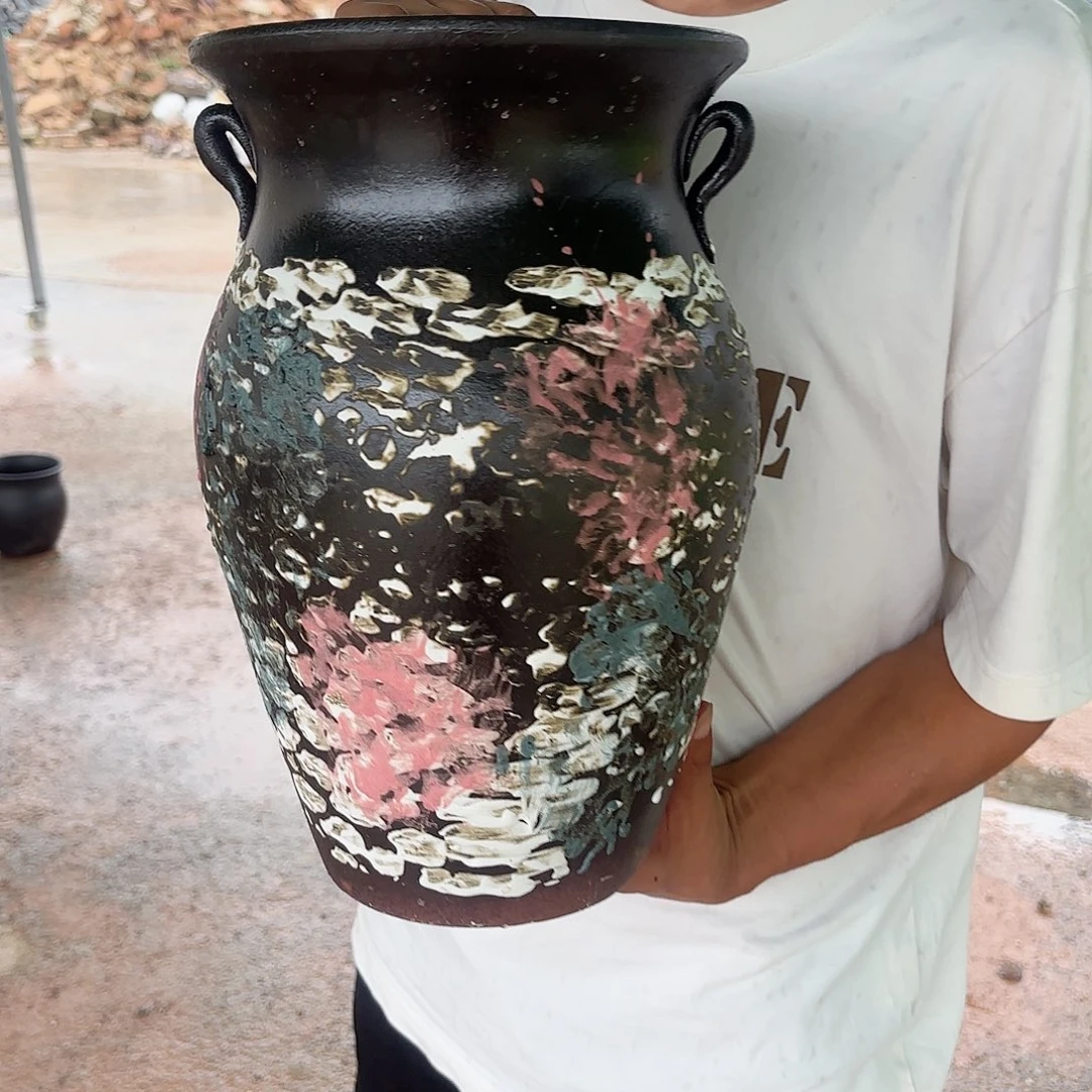 紫砂花盆油画口径20高度32耳
