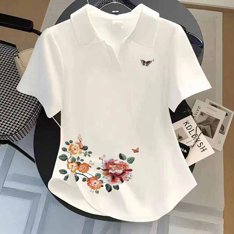 POLO领白色正肩短袖T恤女夏季新款小众洋气修身显瘦短款上衣女