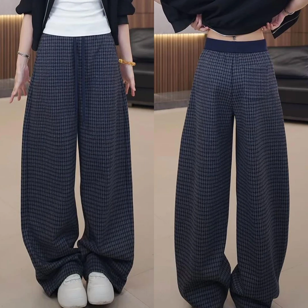 秋冬新款休闲宽松遮肉复古阔腿裤简约韩版气质日常通勤风格纹长裤