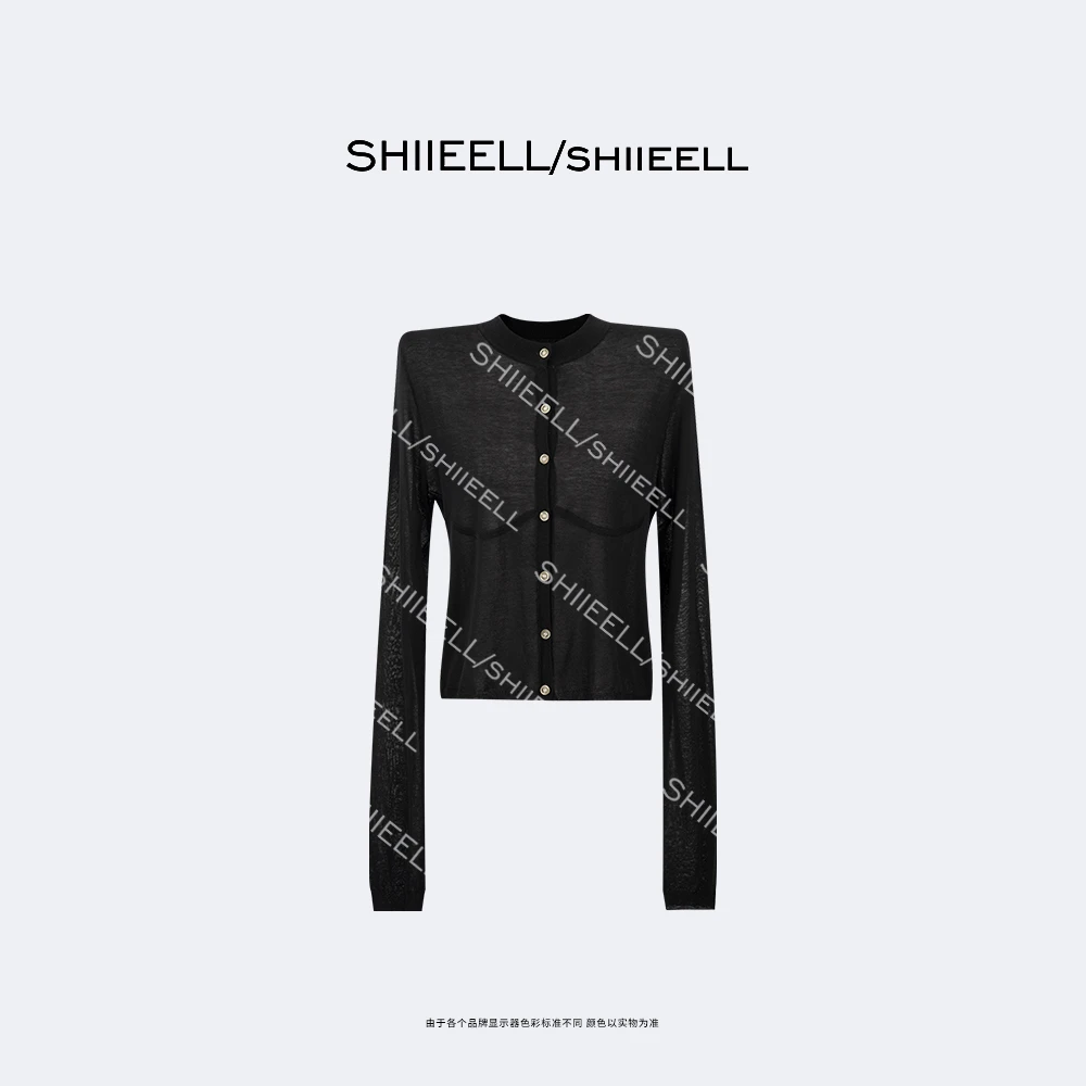 SHIIEELL新款超薄醋纤棉纱酷黑百搭老钱风柔软亲肤针织开衫Z7274