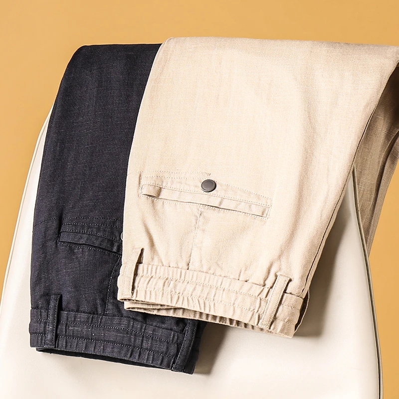 高端质感天丝亚麻裤子男宽松直筒冰丝超薄夏季棉麻免烫休闲裤长裤