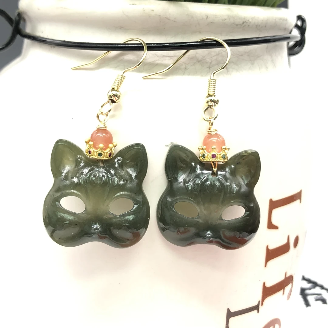 最新款天然和田玉镂空雕刻狐狸面具耳坠个性十足气质耳饰107