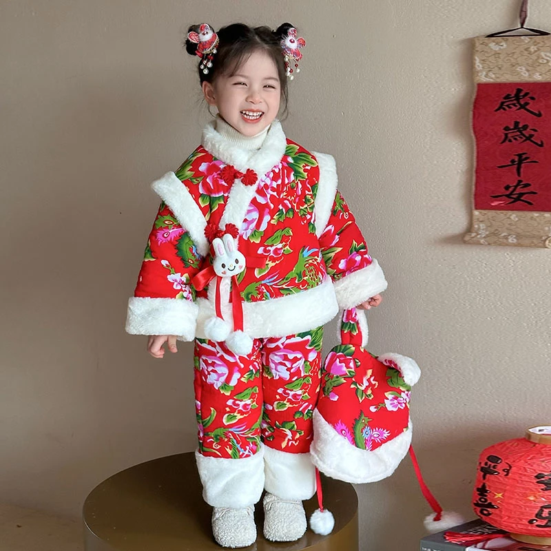 女童秋冬保暖套装2025新款东北大花棉袄套装女孩加绒加厚国风年服