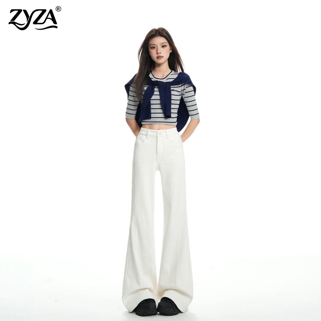 ZYZA白色加绒微喇叭裤子女冬季高腰保暖小个子不贴腿喇叭牛仔裤女
