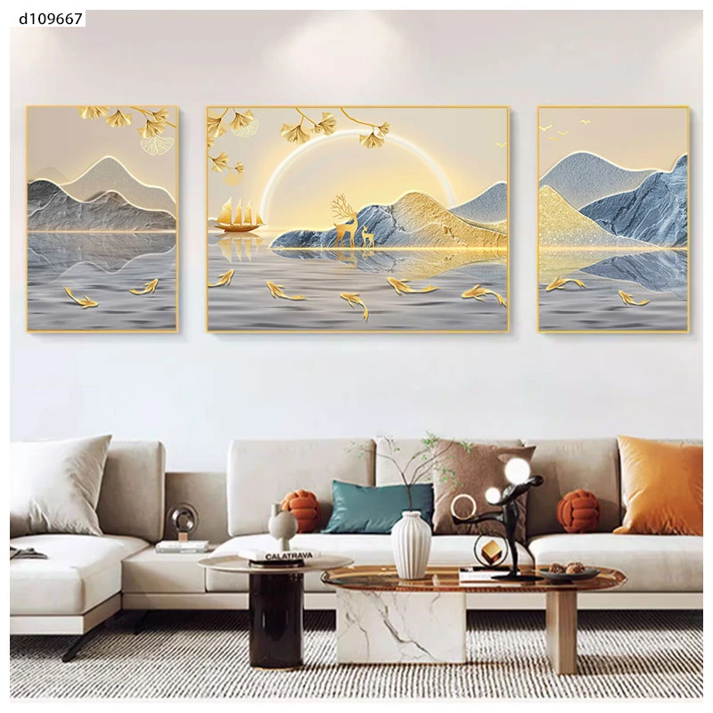 W772现代轻奢大气山水客厅三联画简约大气沙发背景墙高级感画
