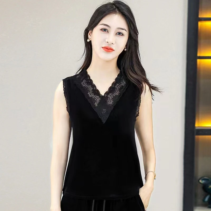 2025春秋新款蕾丝边背心女修身显瘦V领无袖上衣洋气小衫打底衫