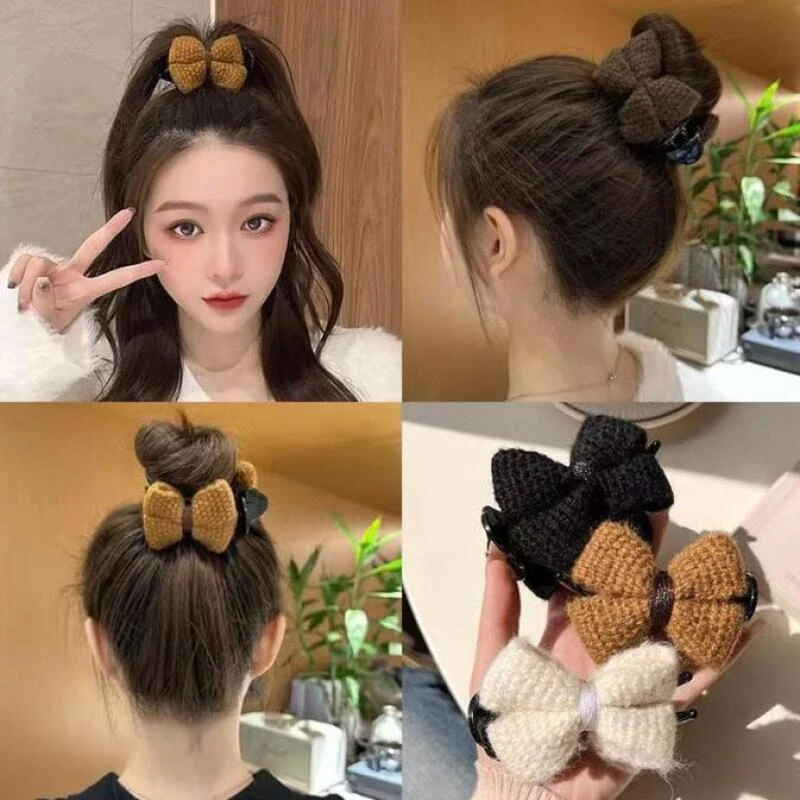 诗泊雅 秋冬季高颜值毛线蝴蝶结发卡夹子女后脑勺丸子头抓夹