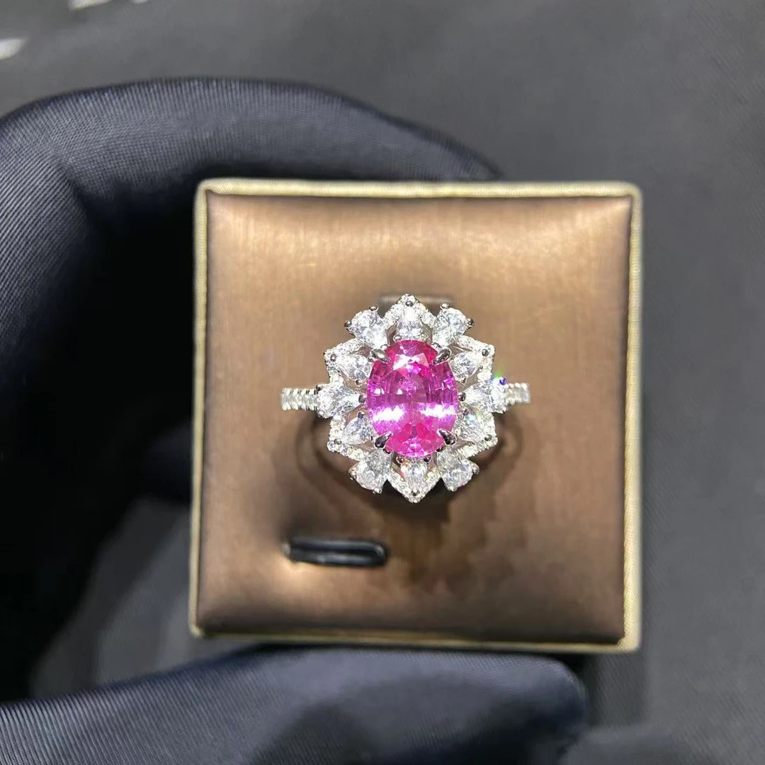 培育蓝宝石典藏培育帕帕拉恰粉色蓝宝石戒指精工银镀厚金-2878