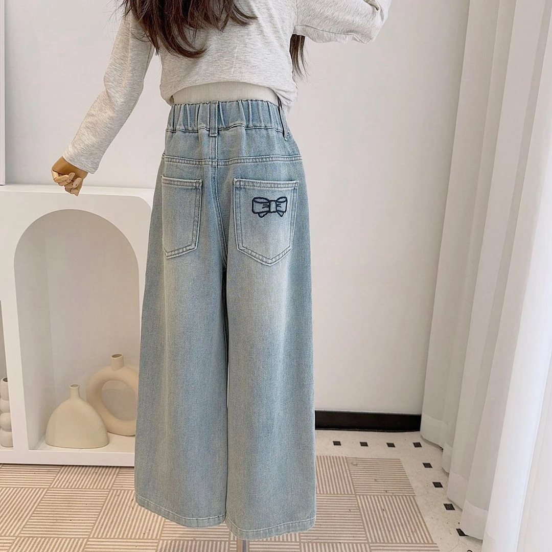 童装2025女童春款韩版亲子女儿童蝴蝶结绣花牛仔裤直筒裤女孩长裤