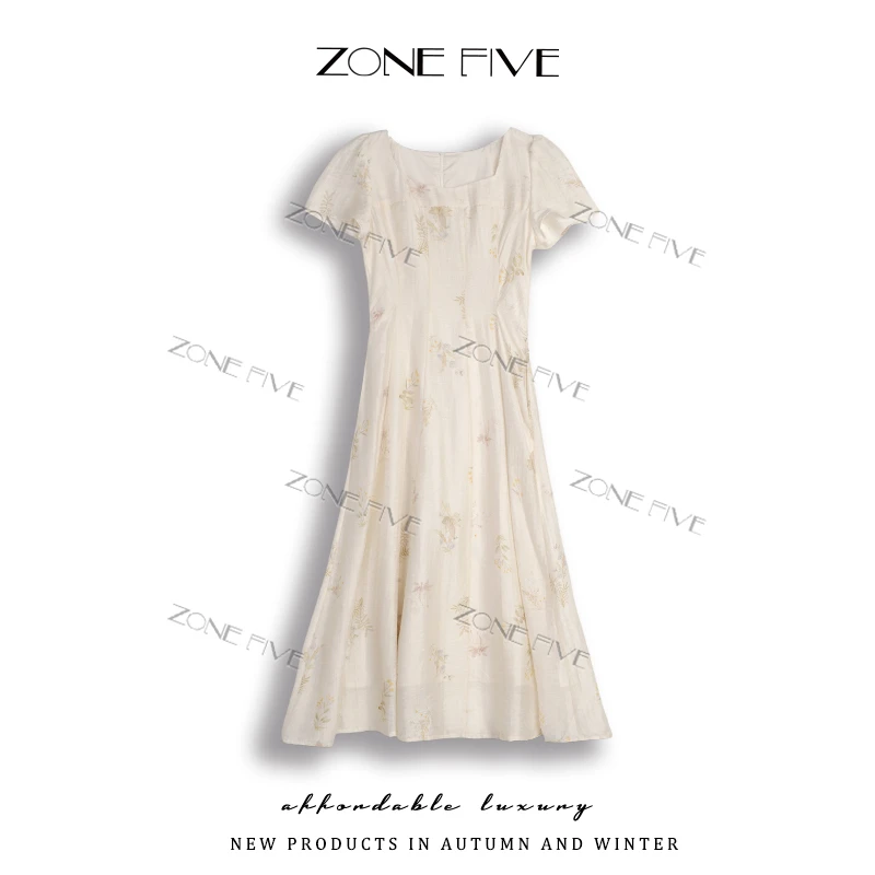 【zonefive】月见山茶法式少女风连衣裙夏季a字裙国潮新风气质长裙