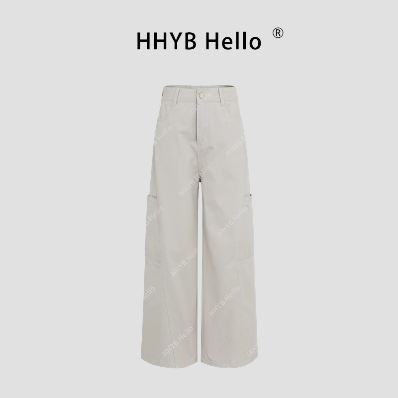 HHYB Hello2025夏新款百搭休闲阔腿裤结果拼接口袋裤女Q254101