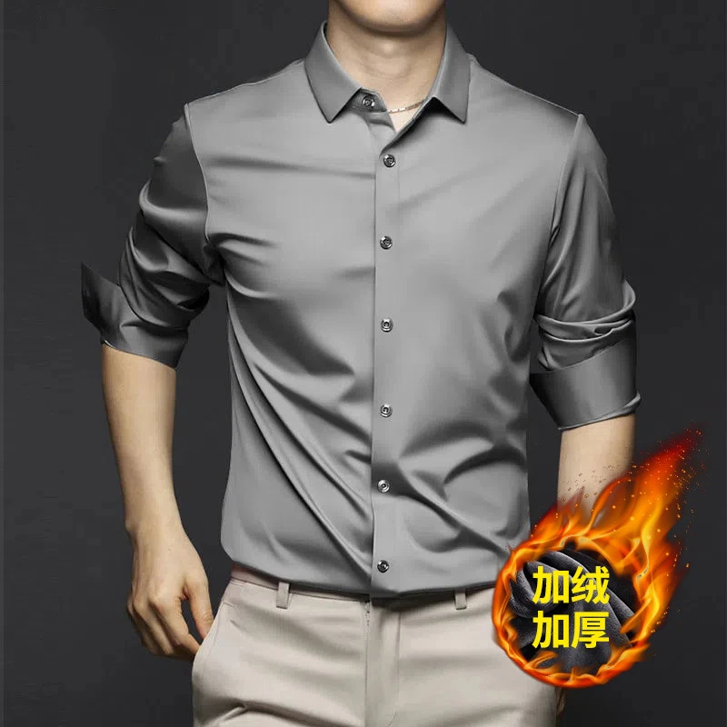 高端潮牌衬衫男长袖秋冬季加绒高级正装商务男士衬衣免烫抗皱上衣