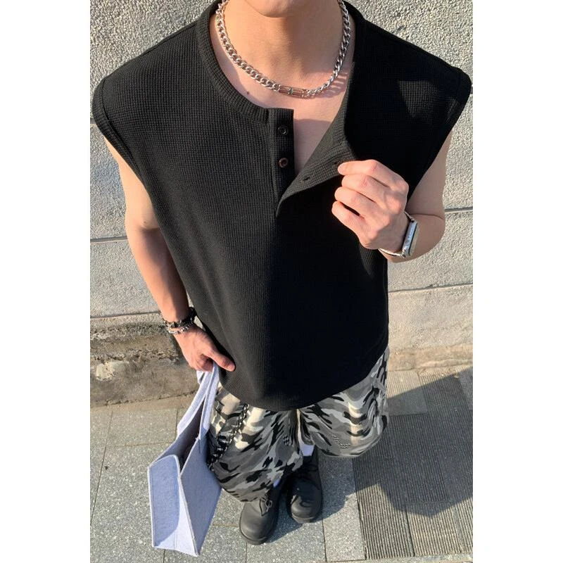 华夫格坎肩背心男款夏潮流外穿运动休闲宽松无袖老头衫亨利衫T恤