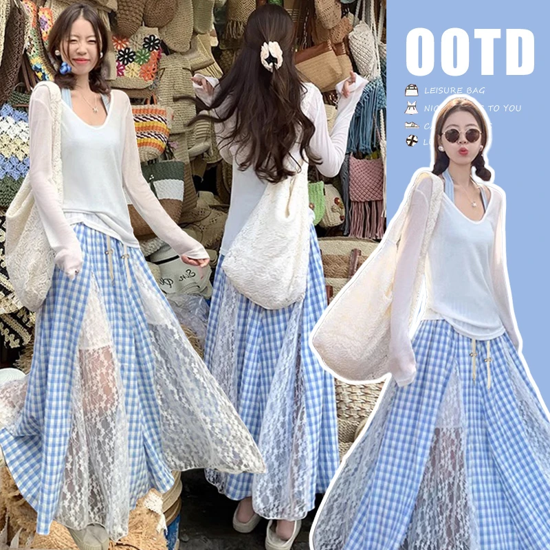 时尚孕妈防晒吊带两件套＋韩系孕妇抽绳蓝格蕾丝拼接a字半身裙套装