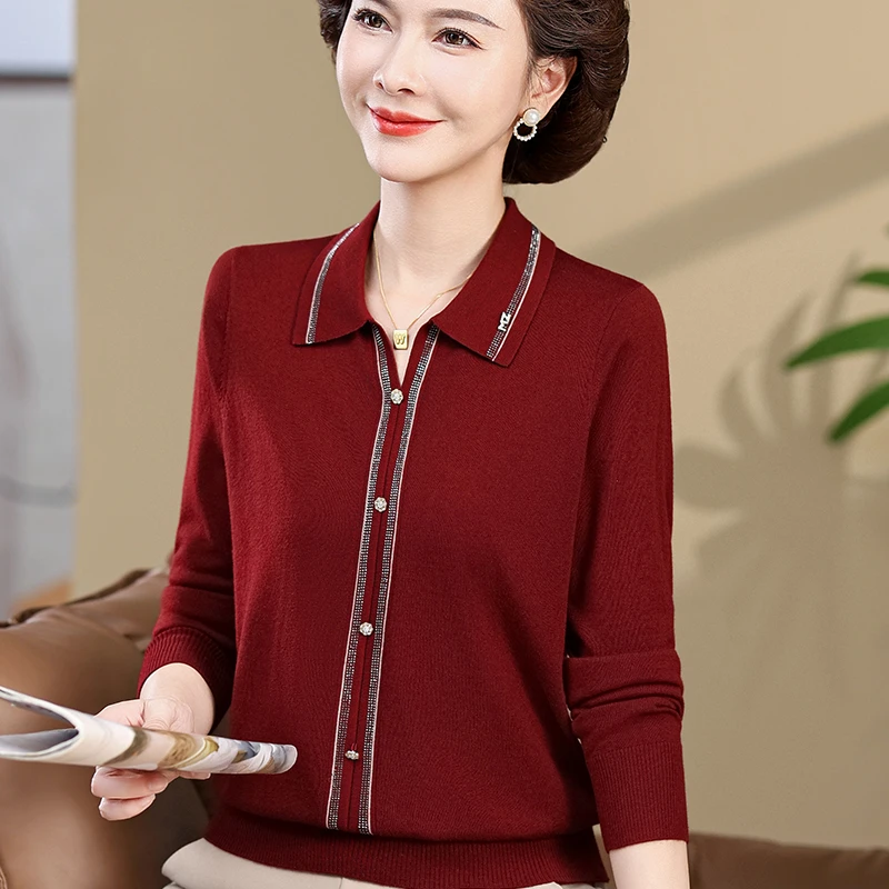 时尚妈妈秋冬装2025新款洋气针织翻领上衣中老年女宽松大码打底衫