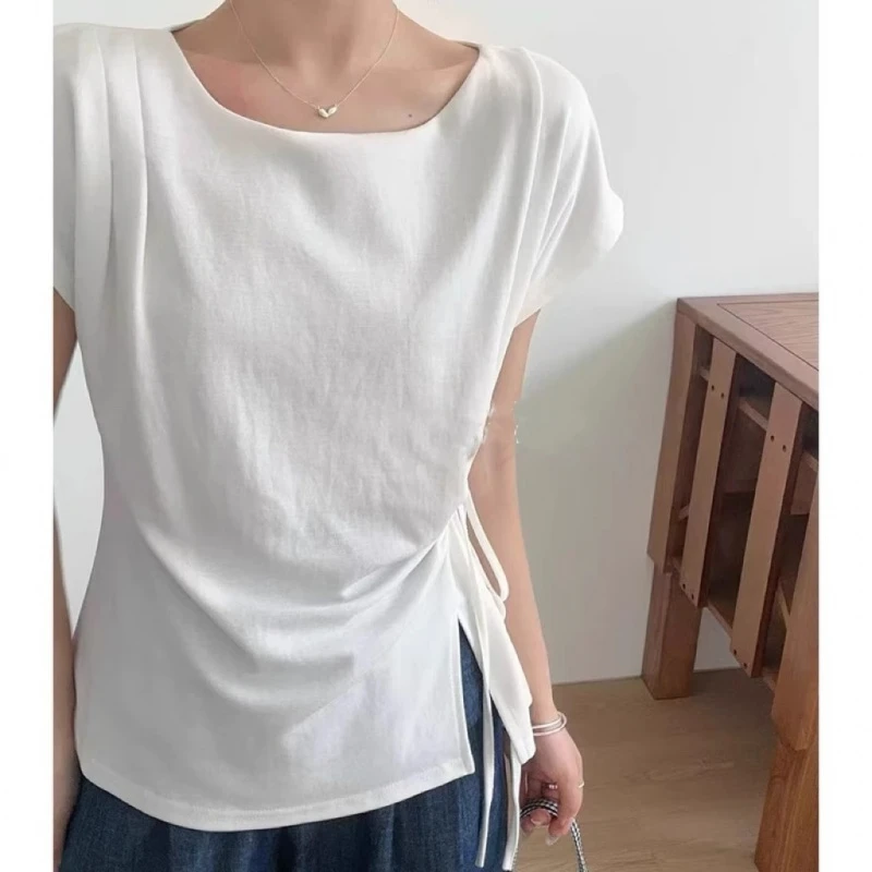 设计感绑带不规则短袖t恤女夏季2025新款收腰显瘦时尚上衣针织衫