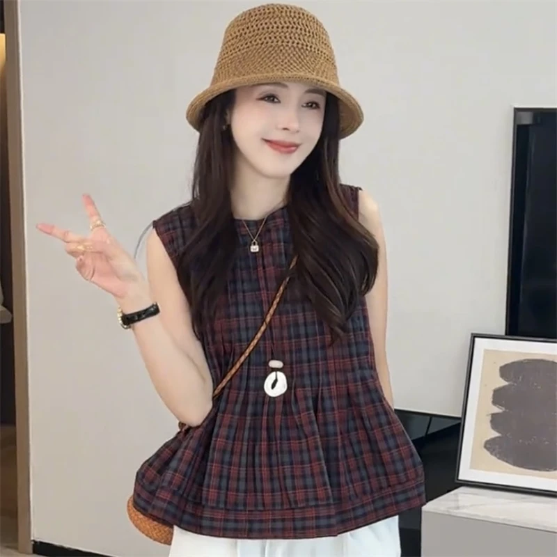 重工复古压褶圆领格纹撞色宽松娃娃衫宽松显瘦无袖背心衬衫女夏季