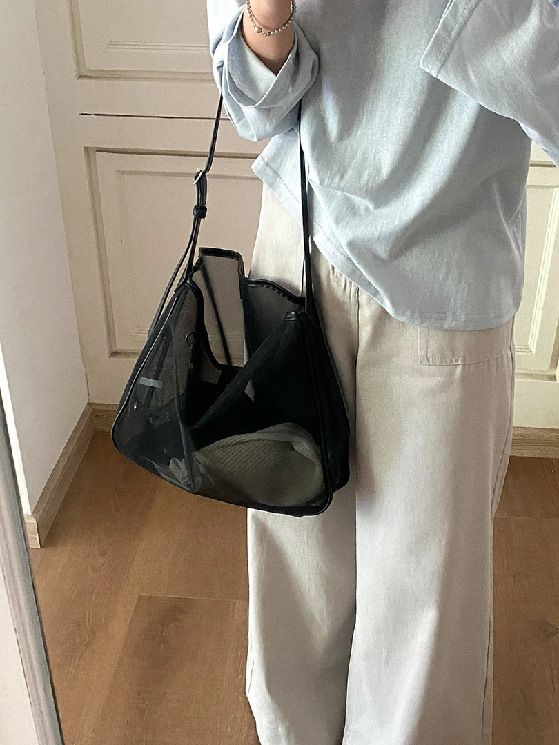 【旧邮札】透明网纱单肩手提托特包大容量通勤百搭托特包