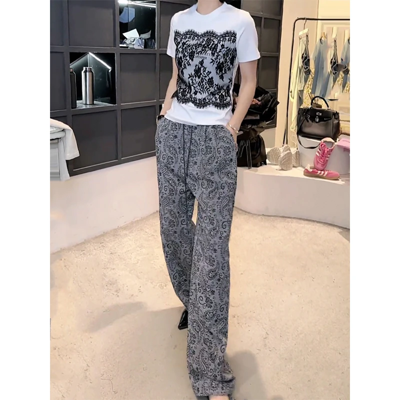 新款民族风设计感显瘦软糯透气直筒休闲裤女夏季抽绳高腰阔腿长裤