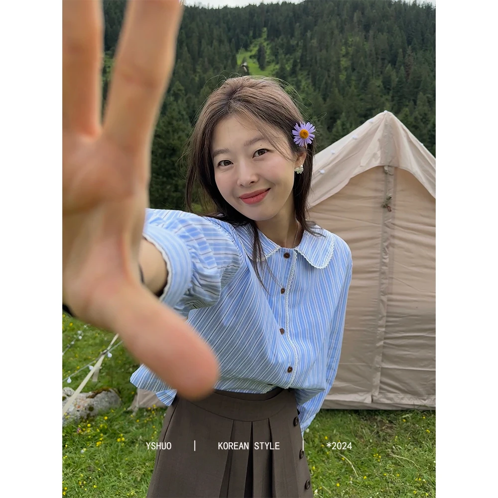 【韵律感条】娃娃领蕾丝花边减龄宽松系扣衬衫 9079