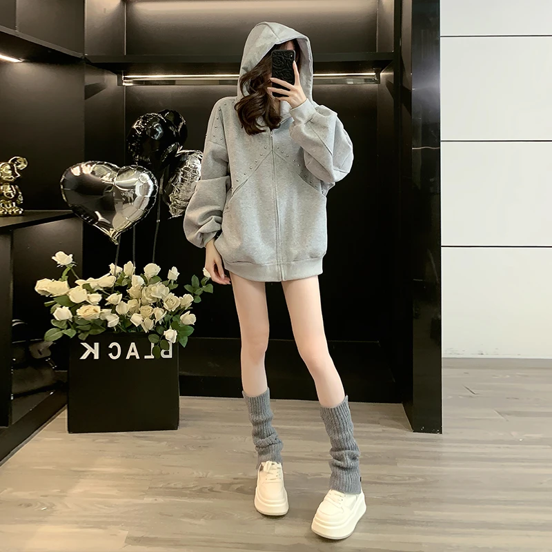 网红洋气炸街灰色连帽卫衣外套女秋冬慵懒风宽松百搭显瘦韩版上衣
