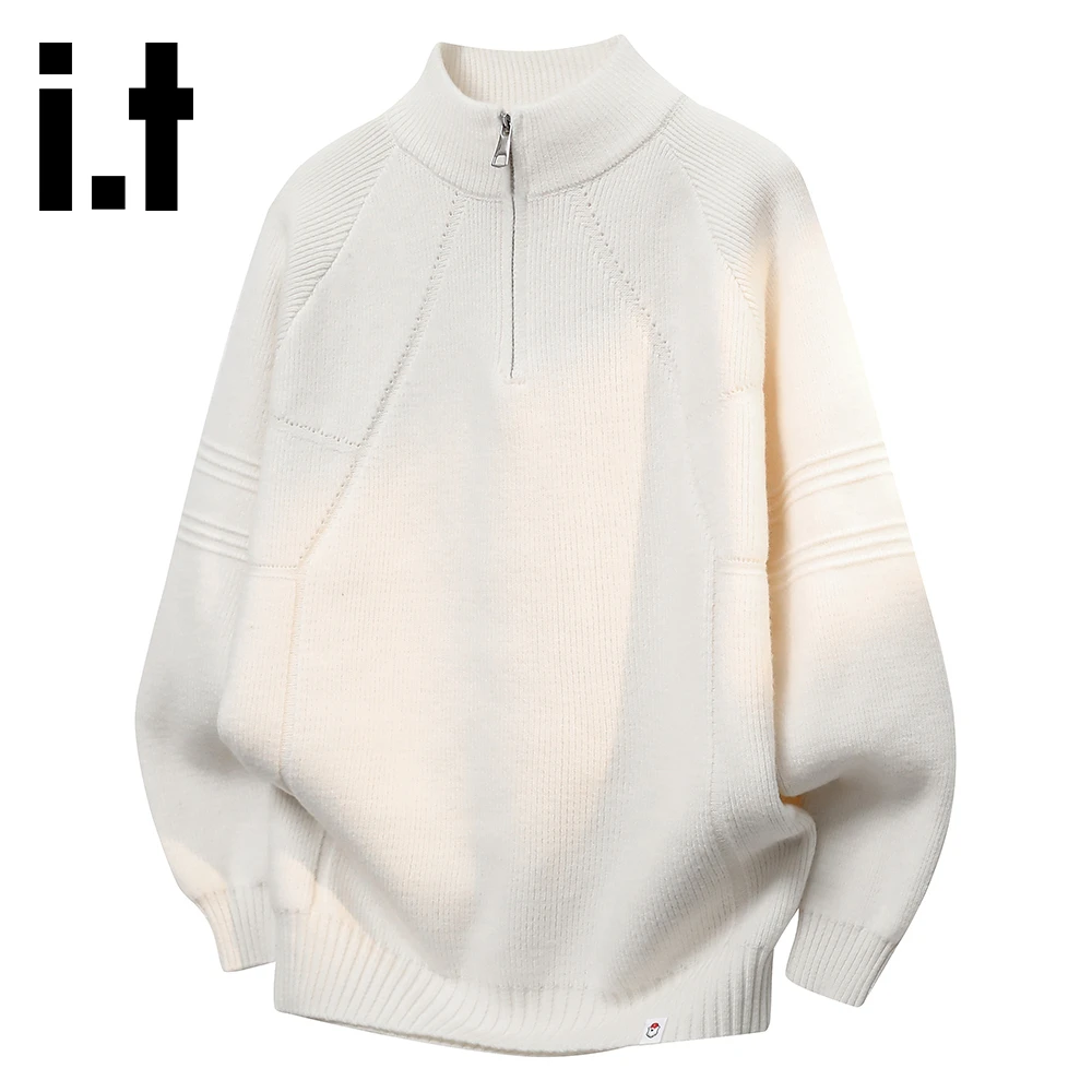 it:CHOCOOLATE米白色针织立领毛衣男士秋冬季新款半拉链保暖上衣