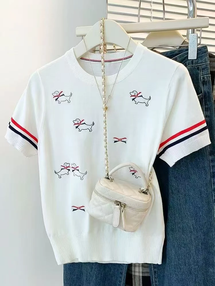 狗夏季刺绣款圆领短袖毛针织衫印花运动小香风百搭针织衫