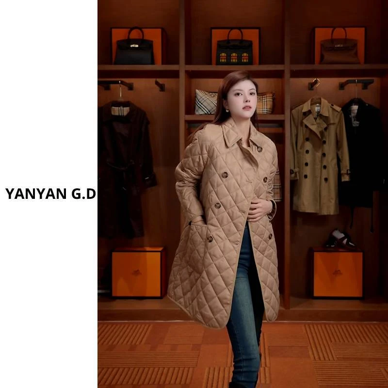 YAN-经典菱格保暖中长款棉服外套128291