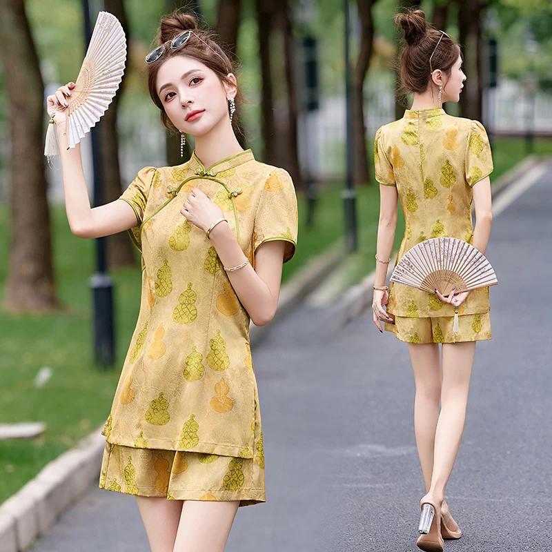 新中式国风盘扣提花套装女2025夏季新款小个子复古气质短裤两件套