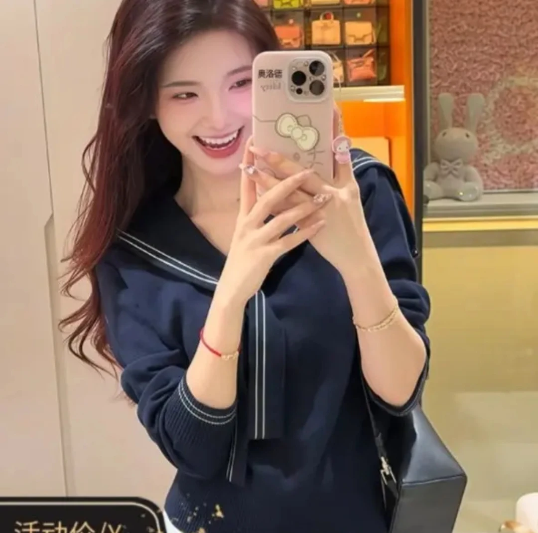 韩版时尚显瘦针织长袖学院风工装风毛针织衫洋气百搭海军领早秋女