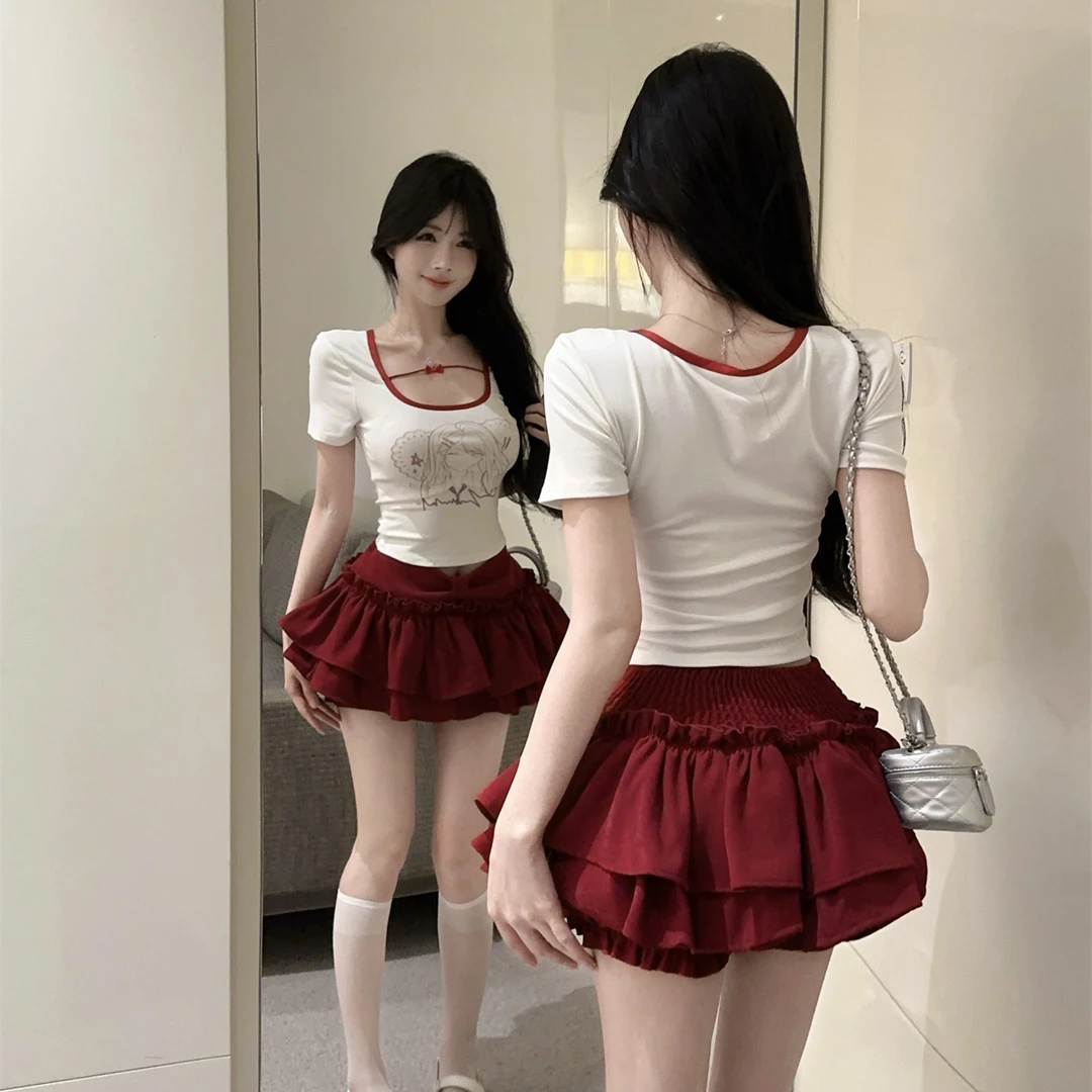 纯欲风印花露锁骨减龄甜辣百搭短袖T恤上衣高腰显瘦蓬蓬短裙套装