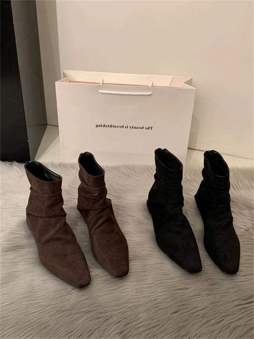 复古小众~绒面短筒靴褶皱粗跟法式瘦瘦靴188-2/B10