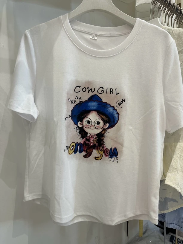 2025夏季新款百搭短袖t恤女宽松显瘦印花圆领