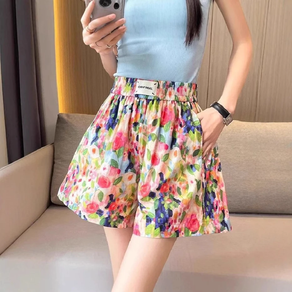 多巴胺碎花沙滩短裤女夏季新款高腰显瘦修身复古洋气宽松休闲阔腿