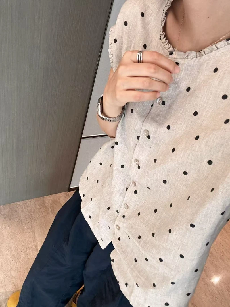 100亚麻木耳边波点上衣