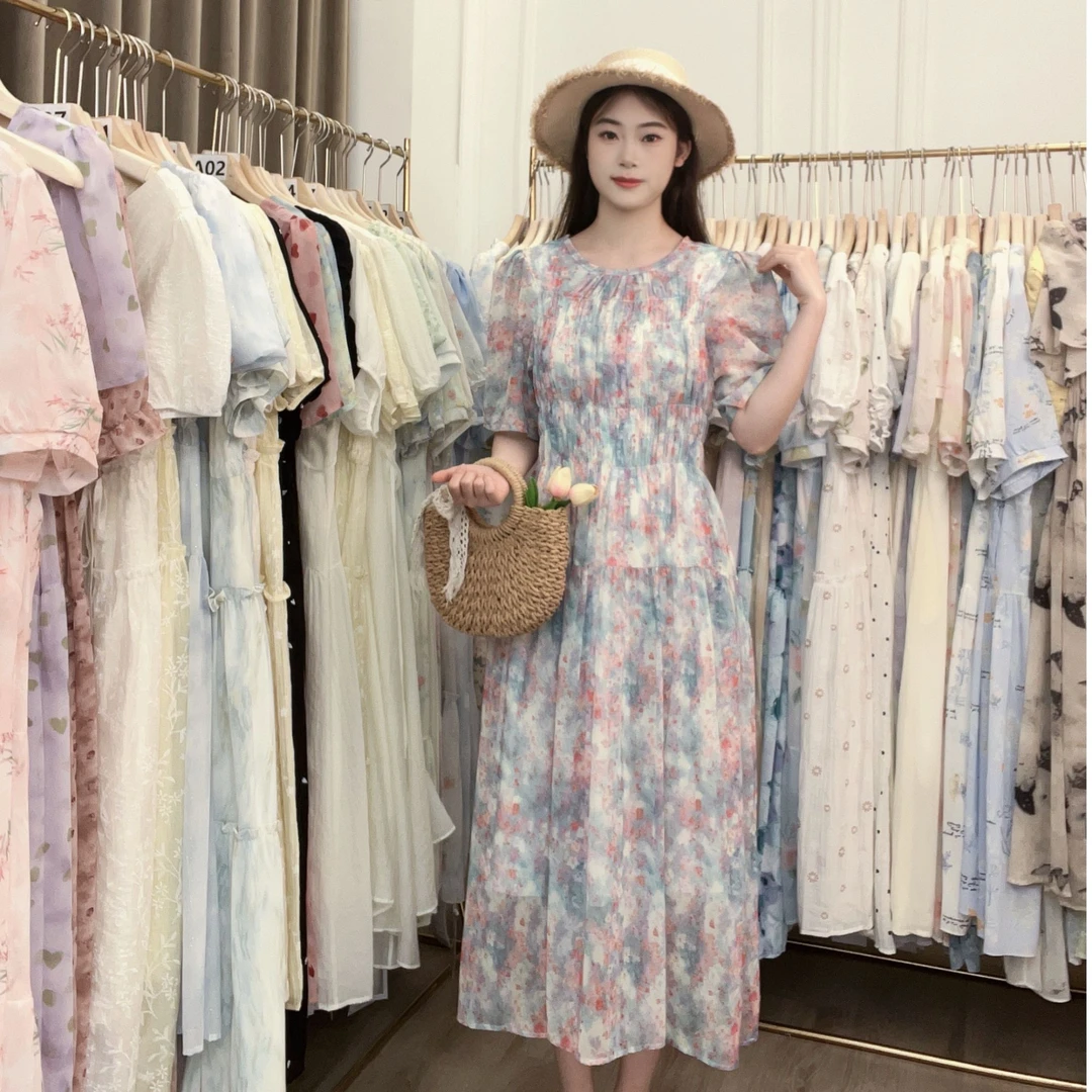 梦幻油画蓝碎花修身连衣裙时尚显瘦中长款法式夏季新款仙女裙