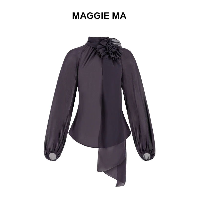 母亲节服装MAGGIE MA马婧紫色繁花飘带浪漫韵味衬衫上衣073S